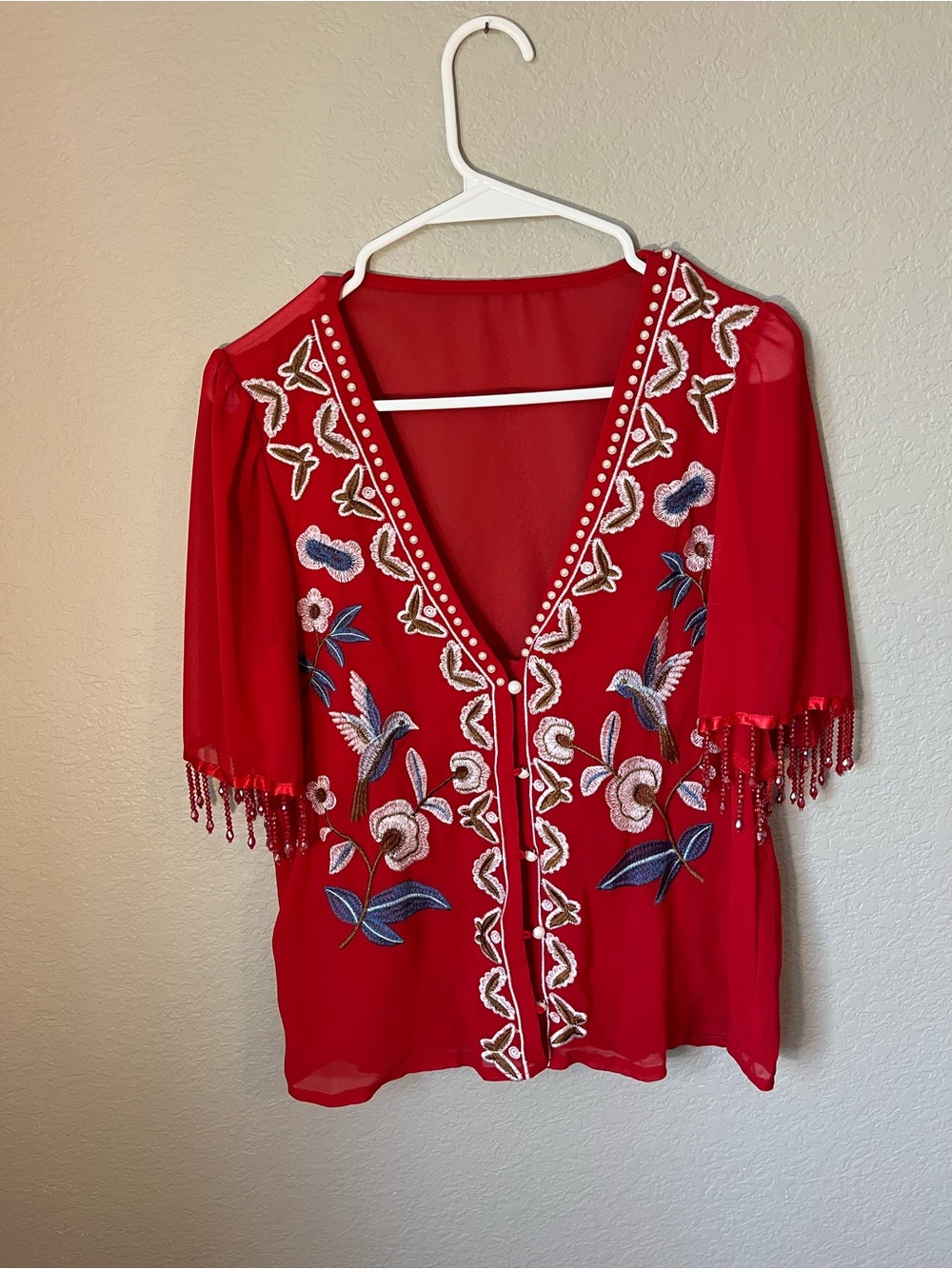 Red Embroidered Hummingbird Floral Kimono Blouse Small Beaded Boho Sheer Concert